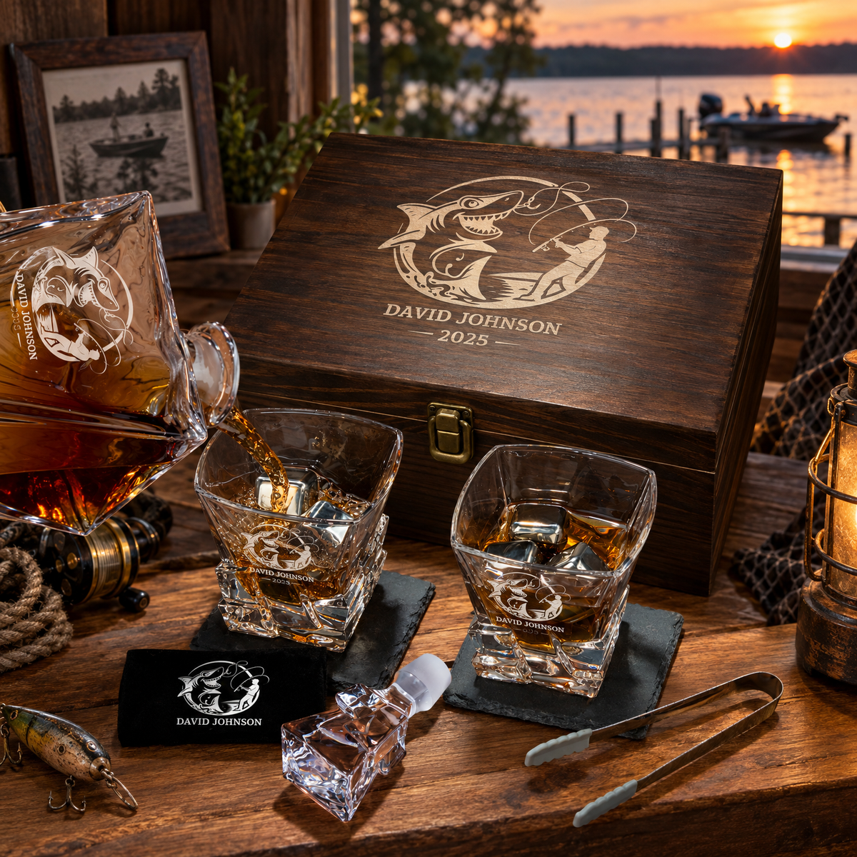 Gift for Fishermen – Rocks Decanter Set with 2 Glasses, 8 Whiskey Cubes & Wooden Box product image