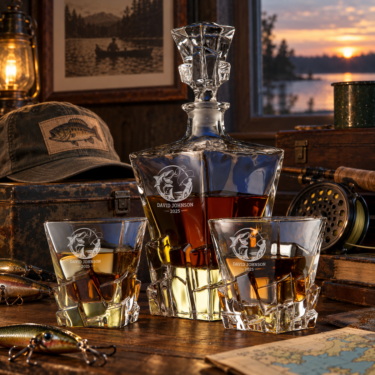 Gift for Fishermen – Rocks Decanter Set with 2 Glasses, 8 Whiskey Cubes & Wooden Box product image