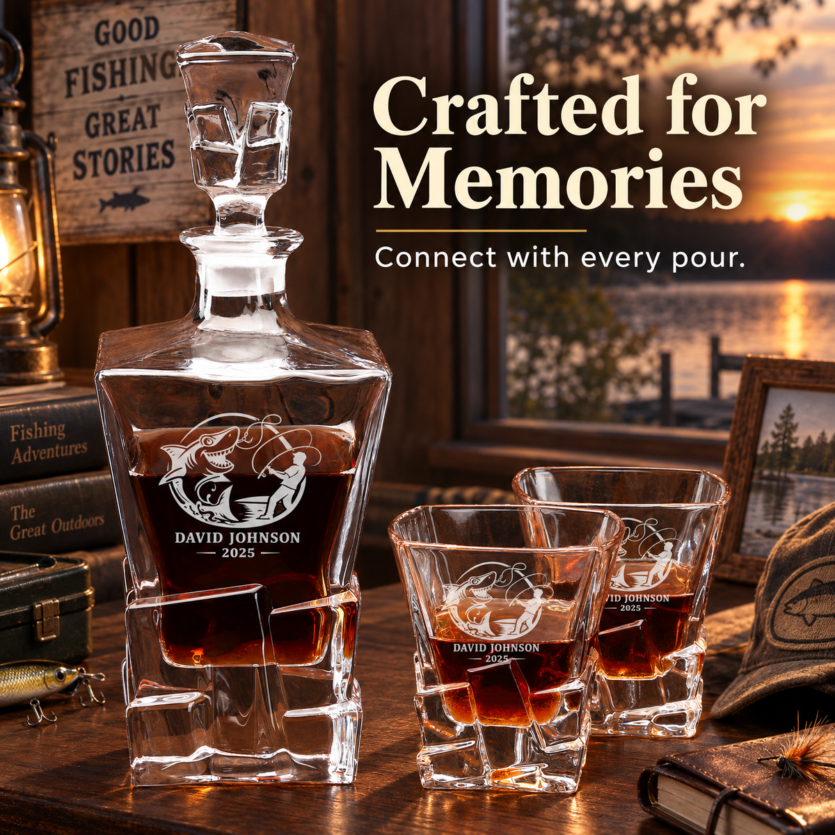 Gift for Fishermen – Rocks Decanter Set with 2 Glasses, 8 Whiskey Cubes & Wooden Box – image 14
