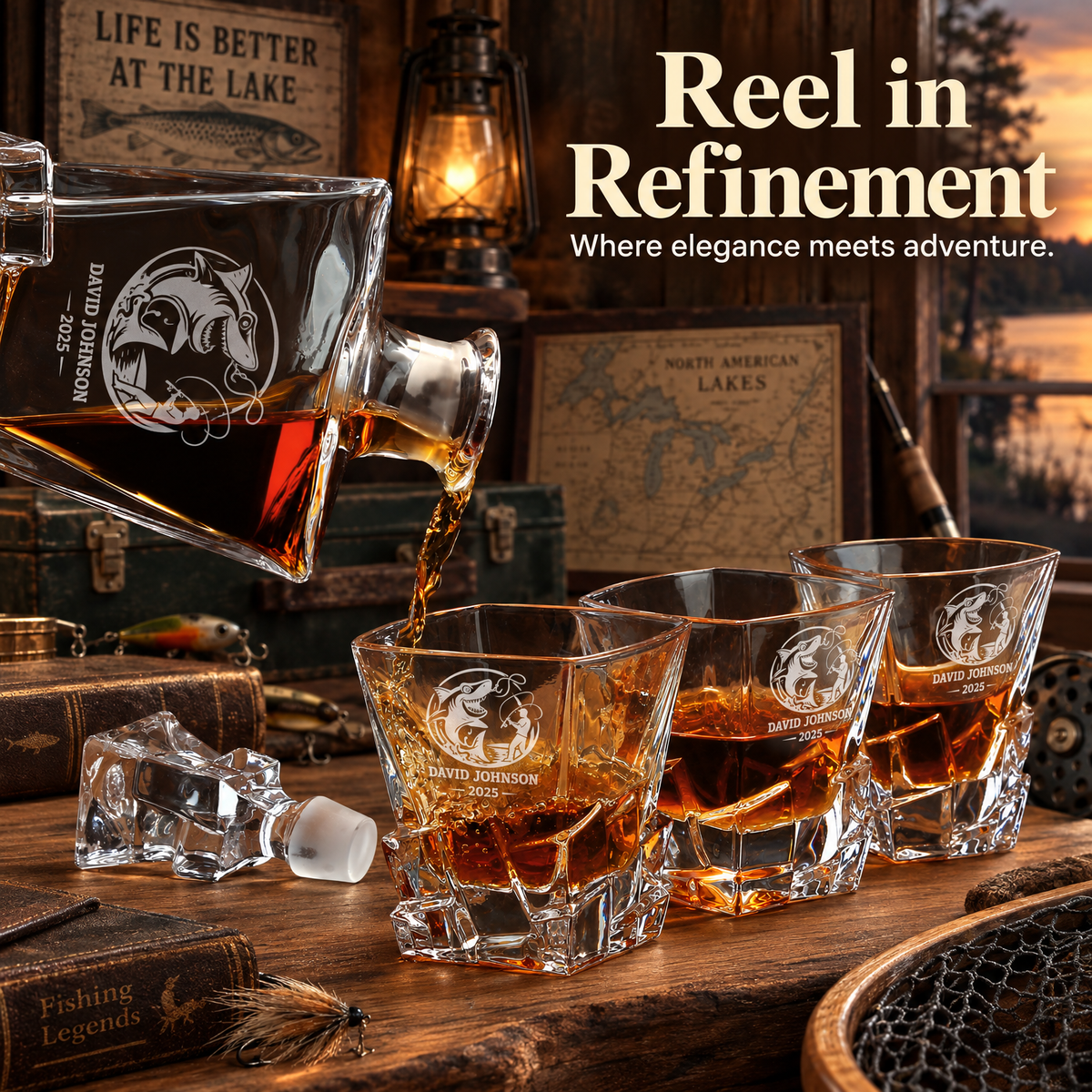 Gift for Fishermen – Rocks Decanter Set with 2 Glasses, 8 Whiskey Cubes & Wooden Box product image