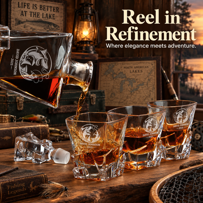 Gift for Fishermen – Rocks Decanter Set with 2 Glasses, 8 Whiskey Cubes & Wooden Box – image 16