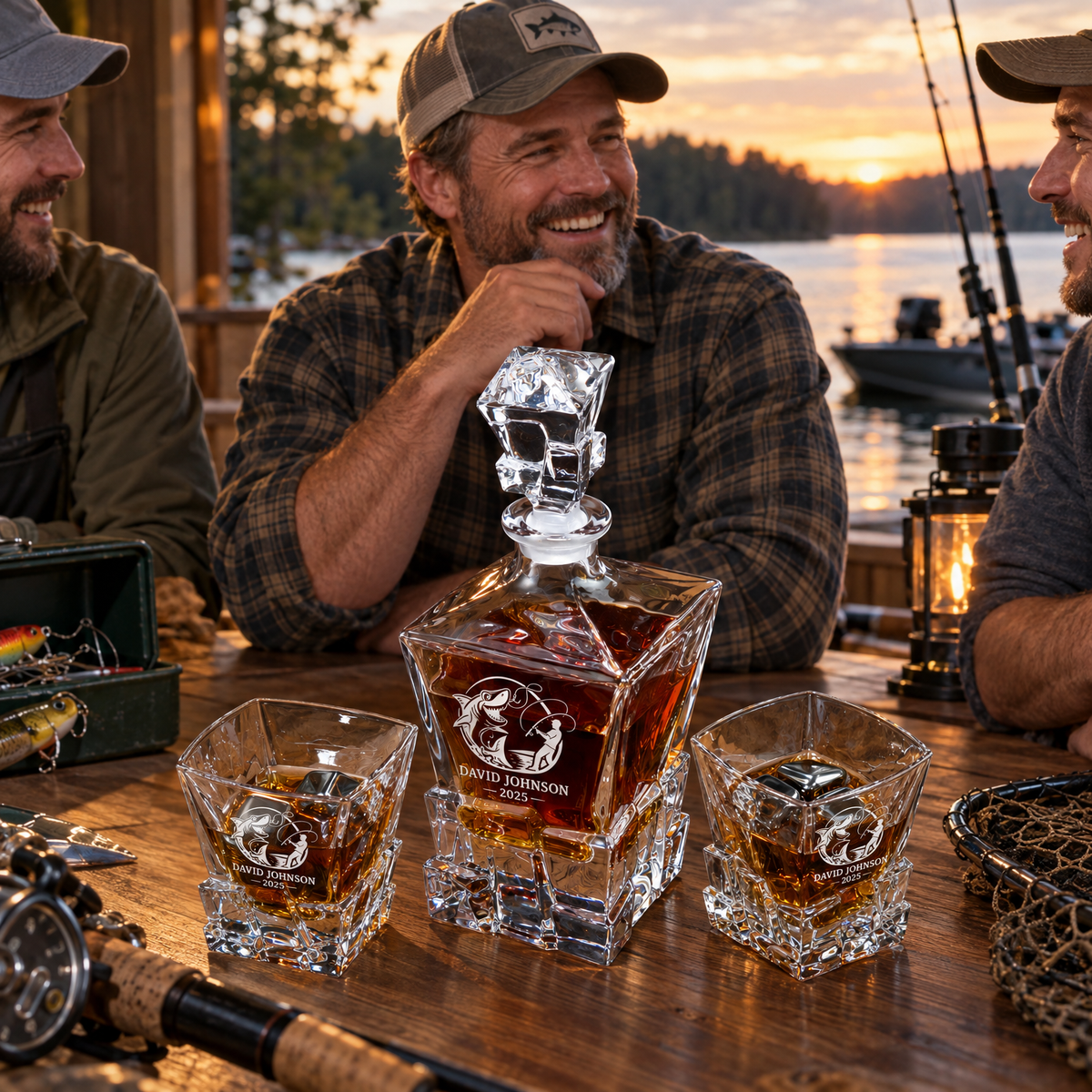 Gift for Fishermen – Rocks Decanter Set with 2 Glasses, 8 Whiskey Cubes & Wooden Box product image