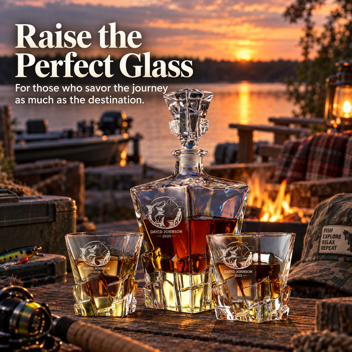 Gift for Fishermen – Rocks Decanter Set with 2 Glasses, 8 Whiskey Cubes & Wooden Box – image 20