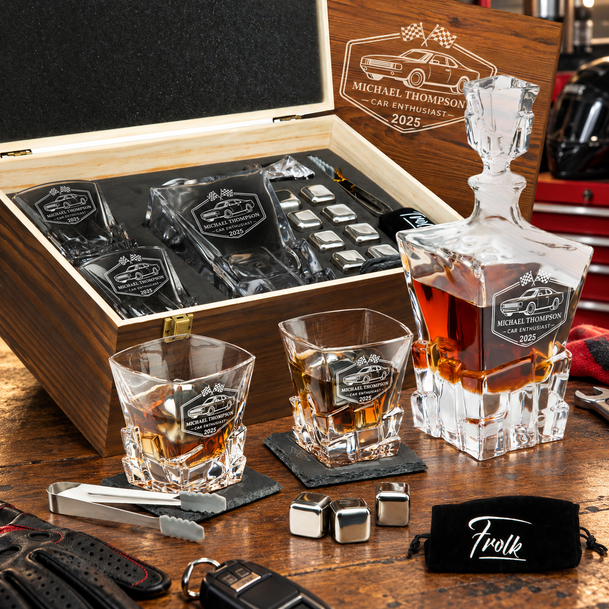 Gift for Car & Motorcycle Enthusiasts – Rocks Decanter Set with 2 Glasses, 8 Whiskey Cubes & Wooden Box – image 01