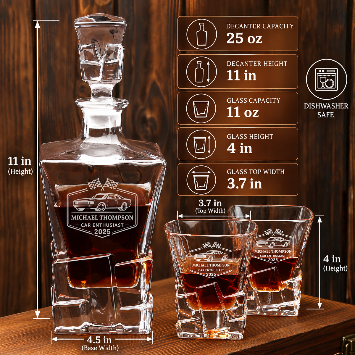 Gift for Car & Motorcycle Enthusiasts – Rocks Decanter Set with 2 Glasses, 8 Whiskey Cubes & Wooden Box – image 02