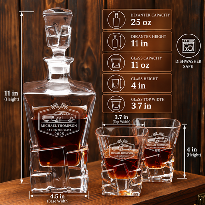 Gift for Car & Motorcycle Enthusiasts – Rocks Decanter Set with 2 Glasses, 8 Whiskey Cubes & Wooden Box – image 02