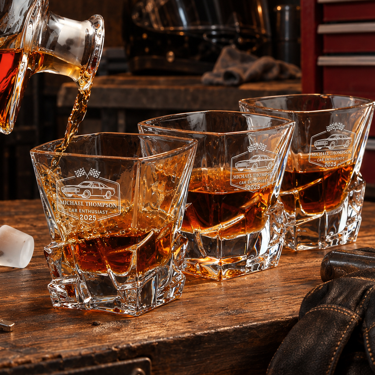 Gift for Car & Motorcycle Enthusiasts – Rocks Decanter Set with 2 Glasses, 8 Whiskey Cubes & Wooden Box – image 04