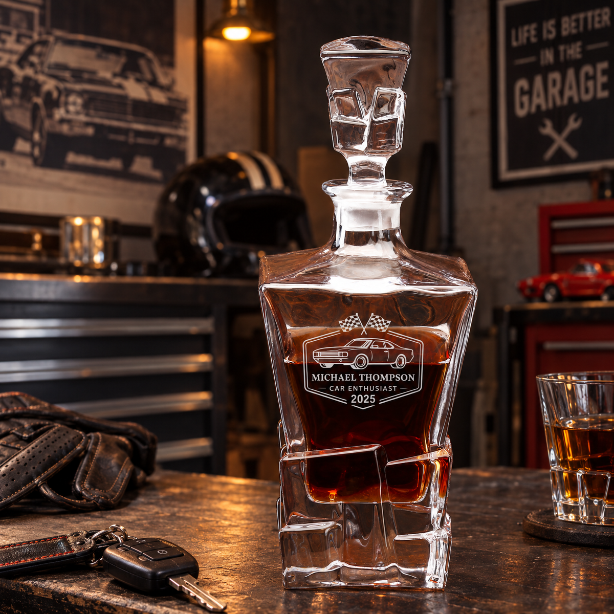 Gift for Car & Motorcycle Enthusiasts – Rocks Decanter Set with 2 Glasses, 8 Whiskey Cubes & Wooden Box – image 06