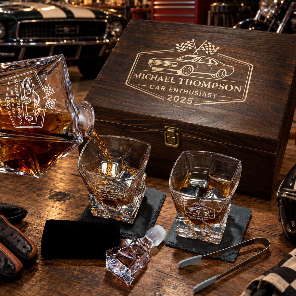 Gift for Car & Motorcycle Enthusiasts – Rocks Decanter Set with 2 Glasses, 8 Whiskey Cubes & Wooden Box – image 08