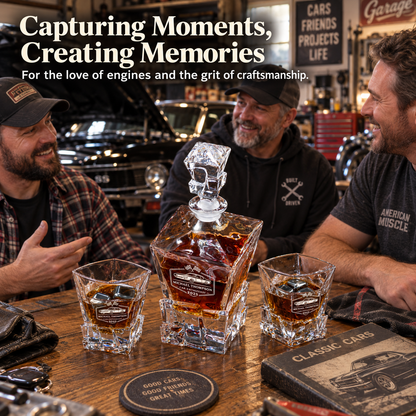 Gift for Car & Motorcycle Enthusiasts – Rocks Decanter Set with 2 Glasses, 8 Whiskey Cubes & Wooden Box – image 09