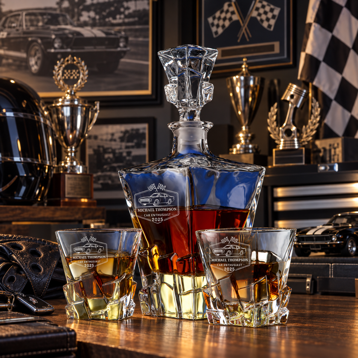 Gift for Car & Motorcycle Enthusiasts – Rocks Decanter Set with 2 Glasses, 8 Whiskey Cubes & Wooden Box – image 10