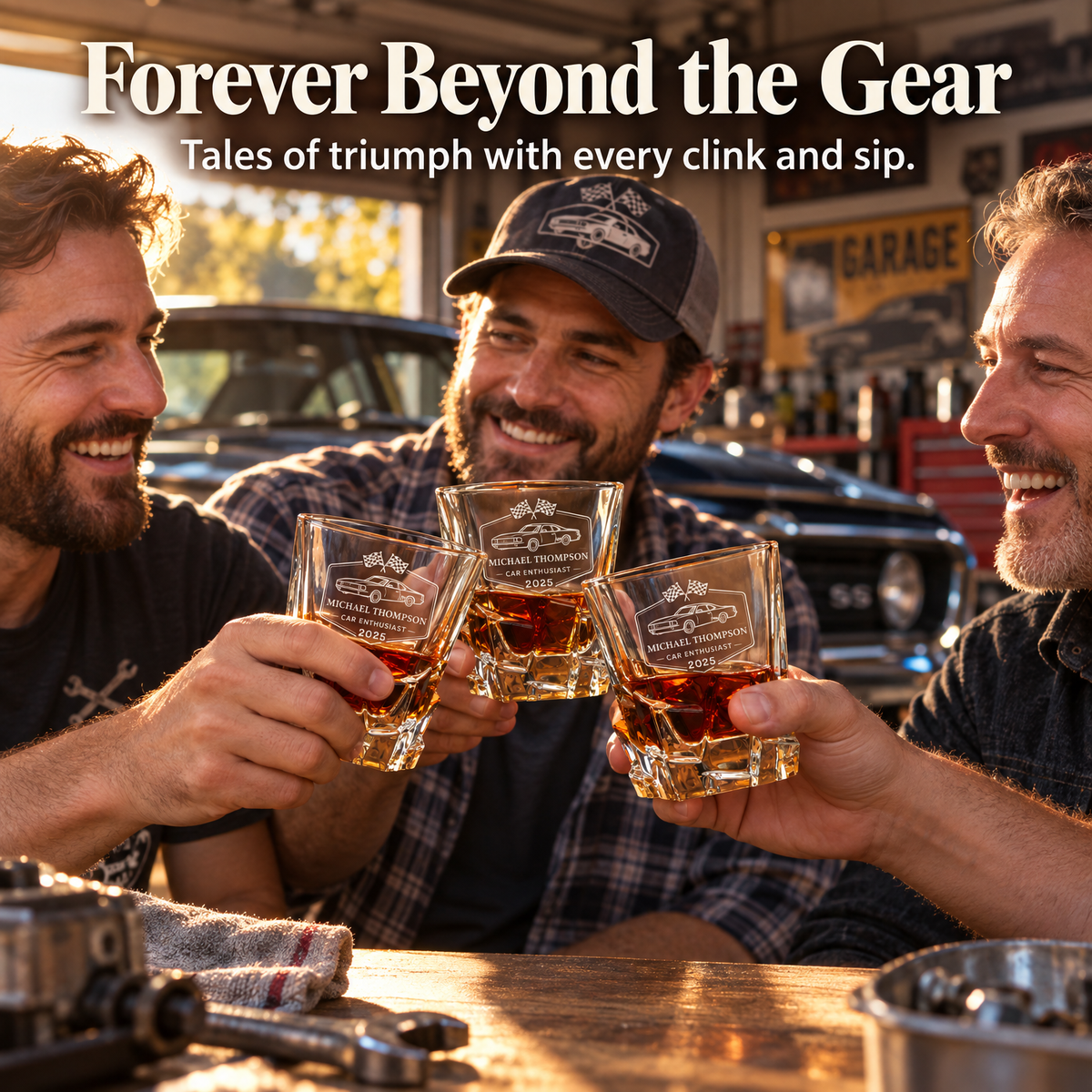 Gift for Car & Motorcycle Enthusiasts – Rocks Decanter Set with 2 Glasses, 8 Whiskey Cubes & Wooden Box product image