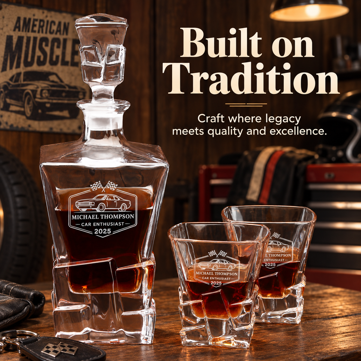 Gift for Car & Motorcycle Enthusiasts – Rocks Decanter Set with 2 Glasses, 8 Whiskey Cubes & Wooden Box product image