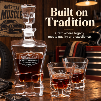 Gift for Car & Motorcycle Enthusiasts – Rocks Decanter Set with 2 Glasses, 8 Whiskey Cubes & Wooden Box – image 14