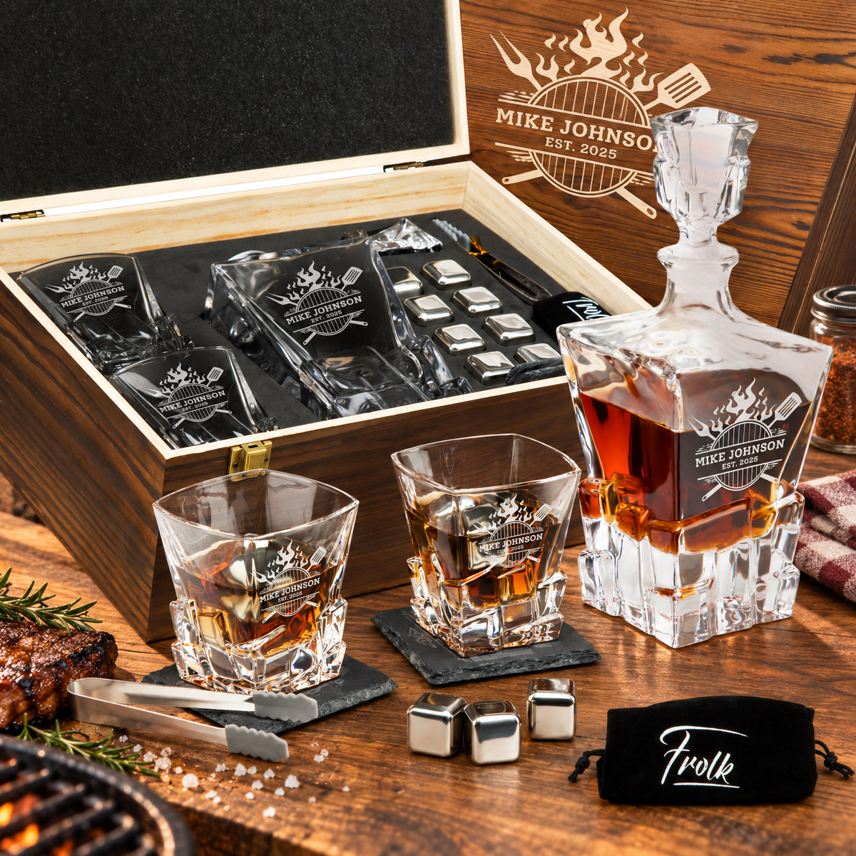 Gift for Grillmasters – Rocks Decanter Set with 2 Glasses, 8 Whiskey Cubes & Wooden Box product image