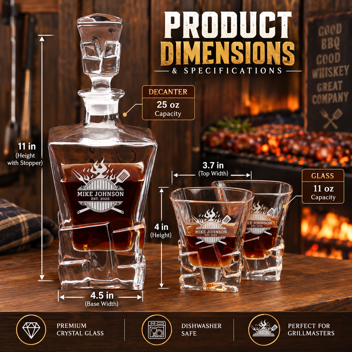 Gift for Grillmasters – Rocks Decanter Set with 2 Glasses, 8 Whiskey Cubes & Wooden Box product image