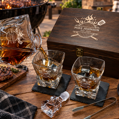 Gift for Grillmasters – Rocks Decanter Set with 2 Glasses, 8 Whiskey Cubes & Wooden Box – image 08