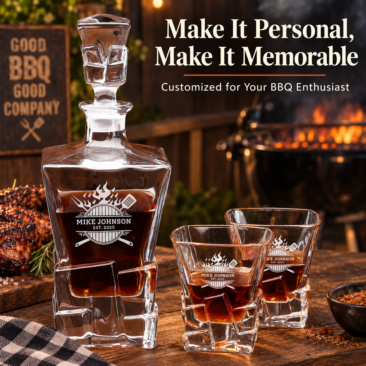 Gift for Grillmasters – Rocks Decanter Set with 2 Glasses, 8 Whiskey Cubes & Wooden Box – image 14