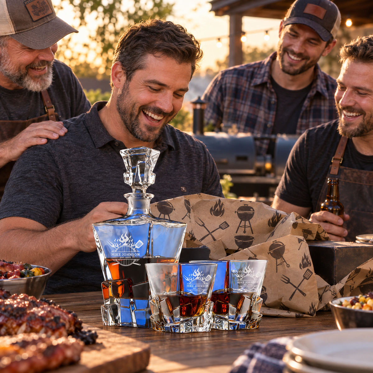 Gift for Grillmasters – Rocks Decanter Set with 2 Glasses, 8 Whiskey Cubes & Wooden Box product image