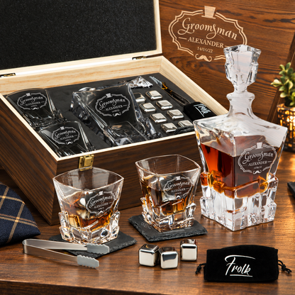 Groomsman Gift – Rocks Decanter Set with 2 Glasses, 8 Whiskey Cubes & Wooden Box – image 01
