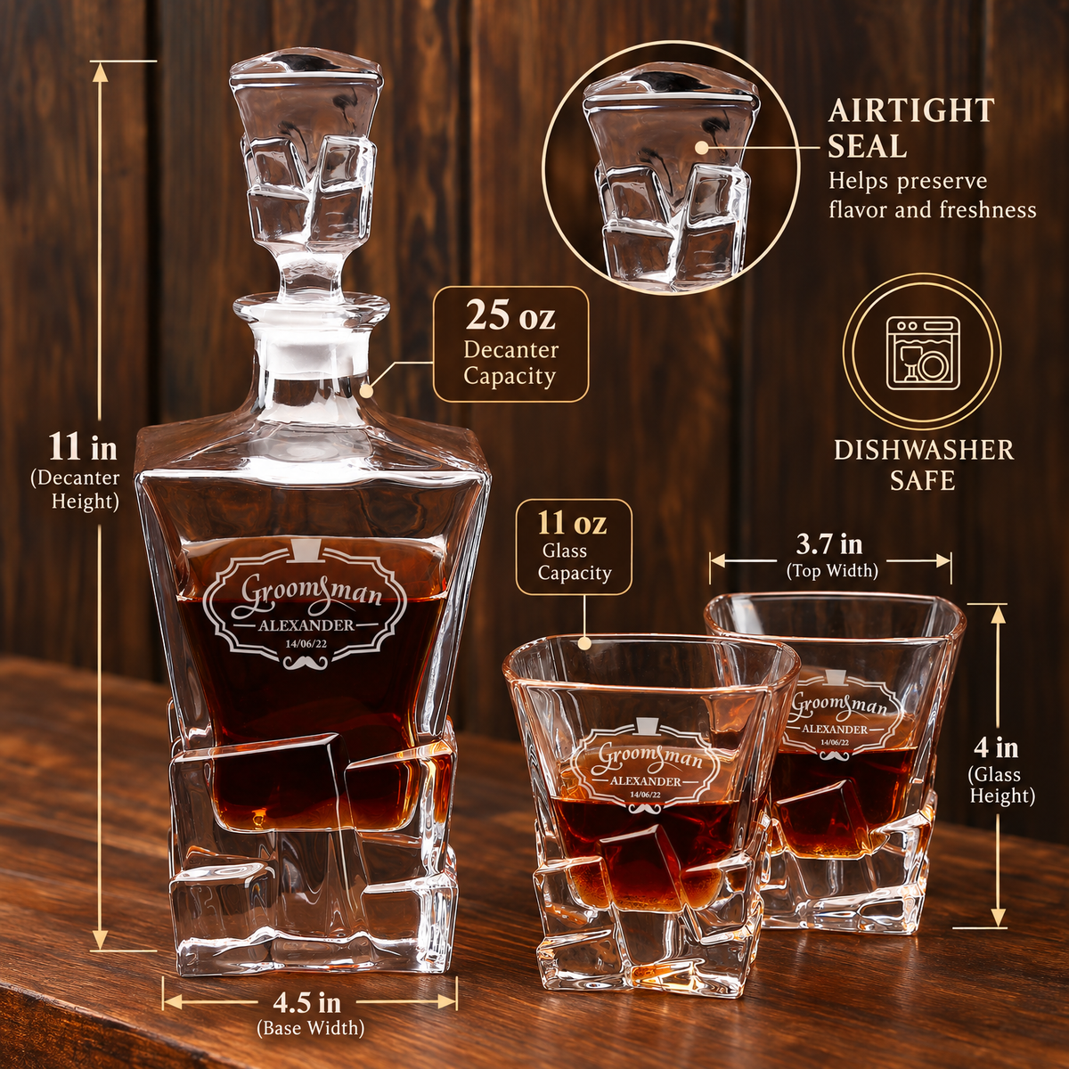 Groomsman Gift – Rocks Decanter Set with 2 Glasses, 8 Whiskey Cubes & Wooden Box product image