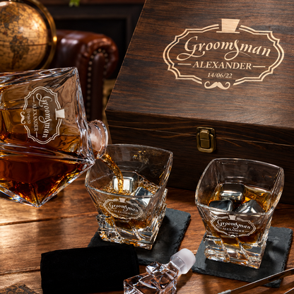 Groomsman Gift – Rocks Decanter Set with 2 Glasses, 8 Whiskey Cubes & Wooden Box – image 08