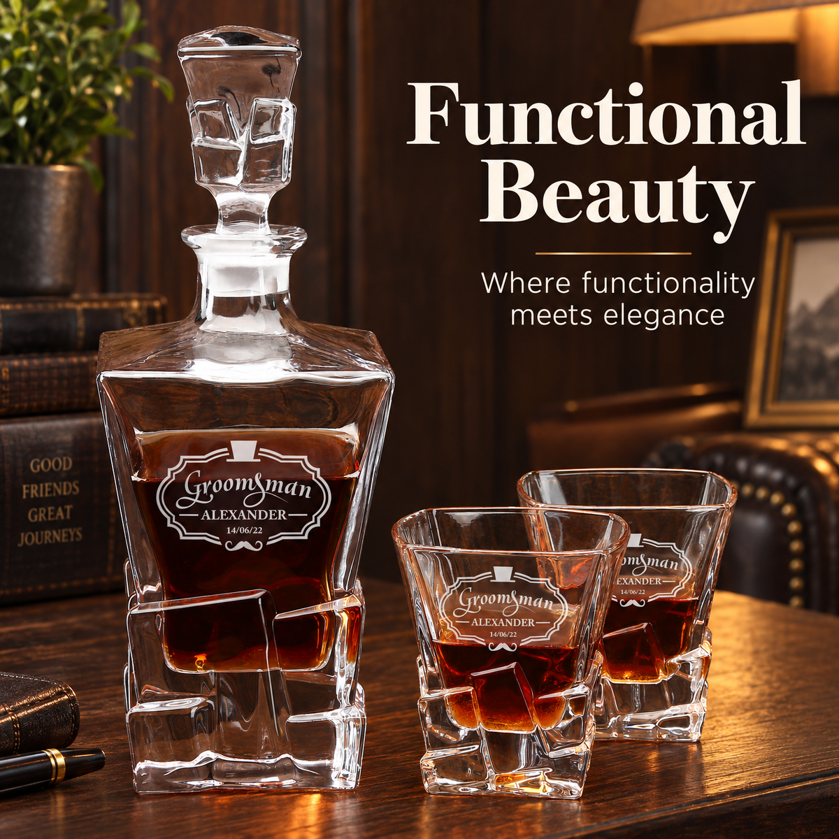Groomsman Gift – Rocks Decanter Set with 2 Glasses, 8 Whiskey Cubes & Wooden Box product image