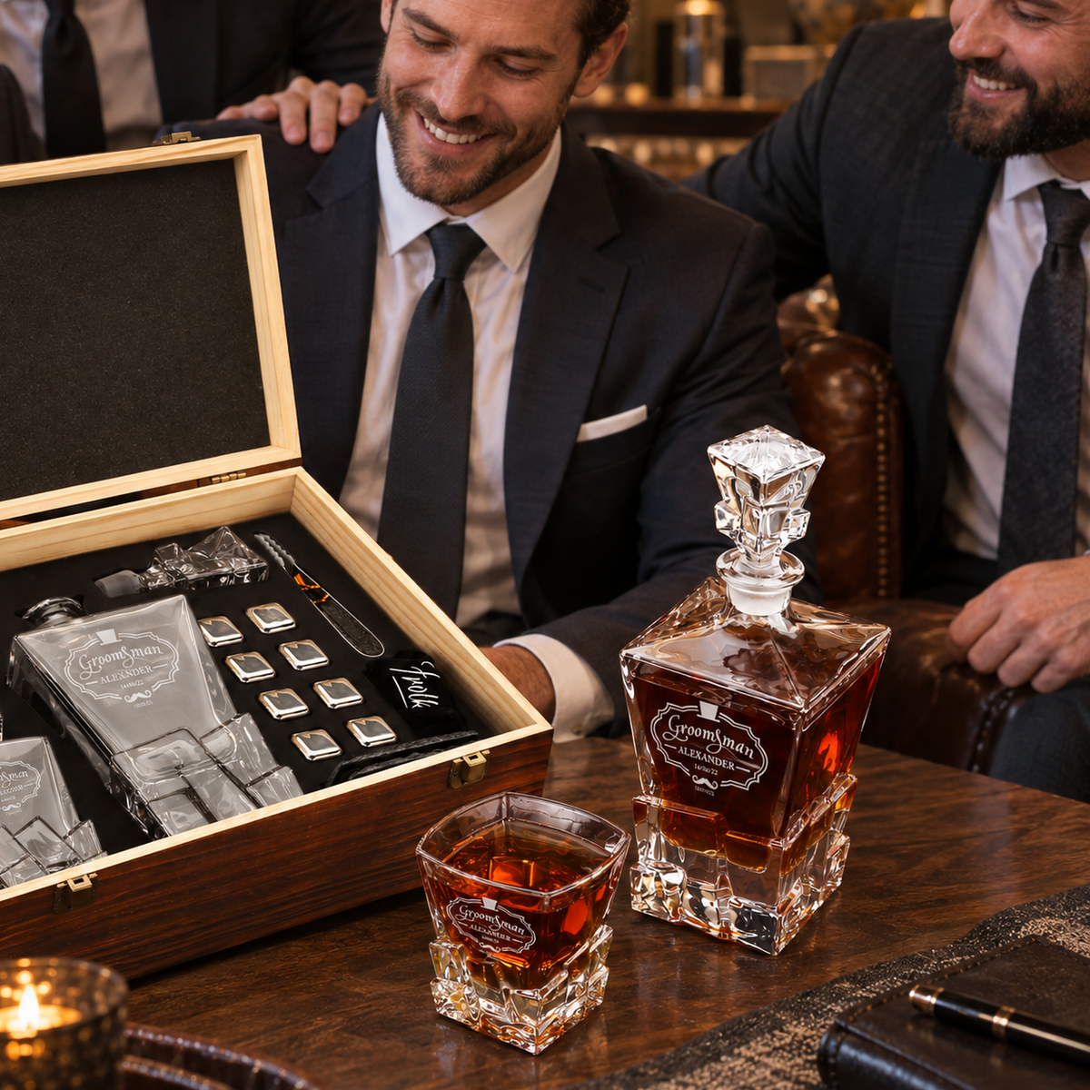 Groomsman Gift – Rocks Decanter Set with 2 Glasses, 8 Whiskey Cubes & Wooden Box product image