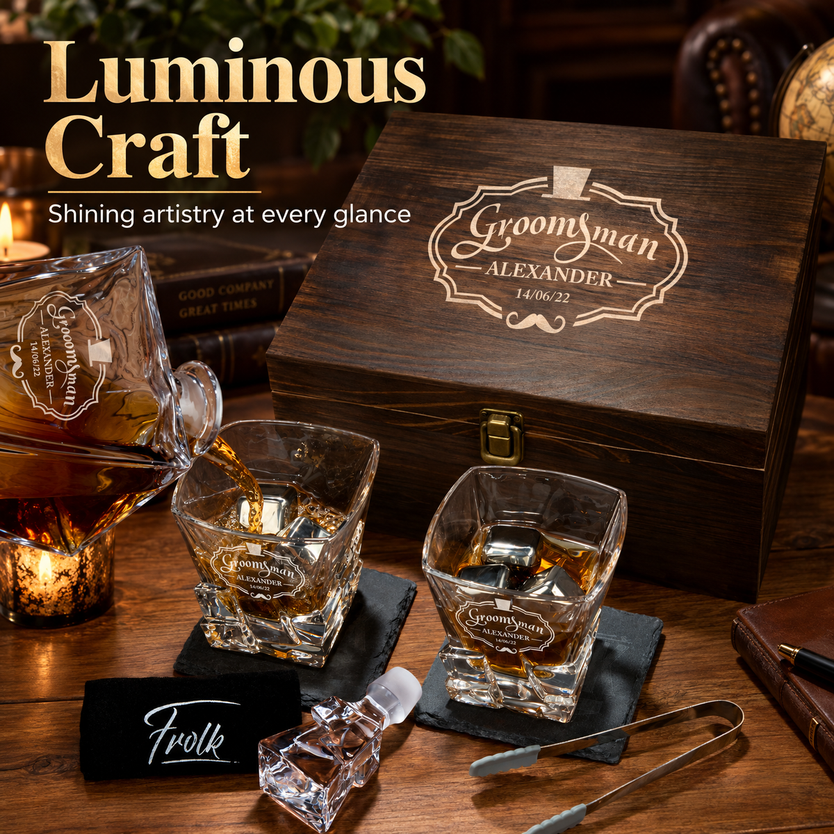 Groomsman Gift – Rocks Decanter Set with 2 Glasses, 8 Whiskey Cubes & Wooden Box product image