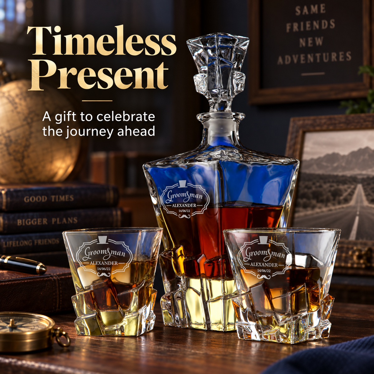 Groomsman Gift – Rocks Decanter Set with 2 Glasses, 8 Whiskey Cubes & Wooden Box – image 20