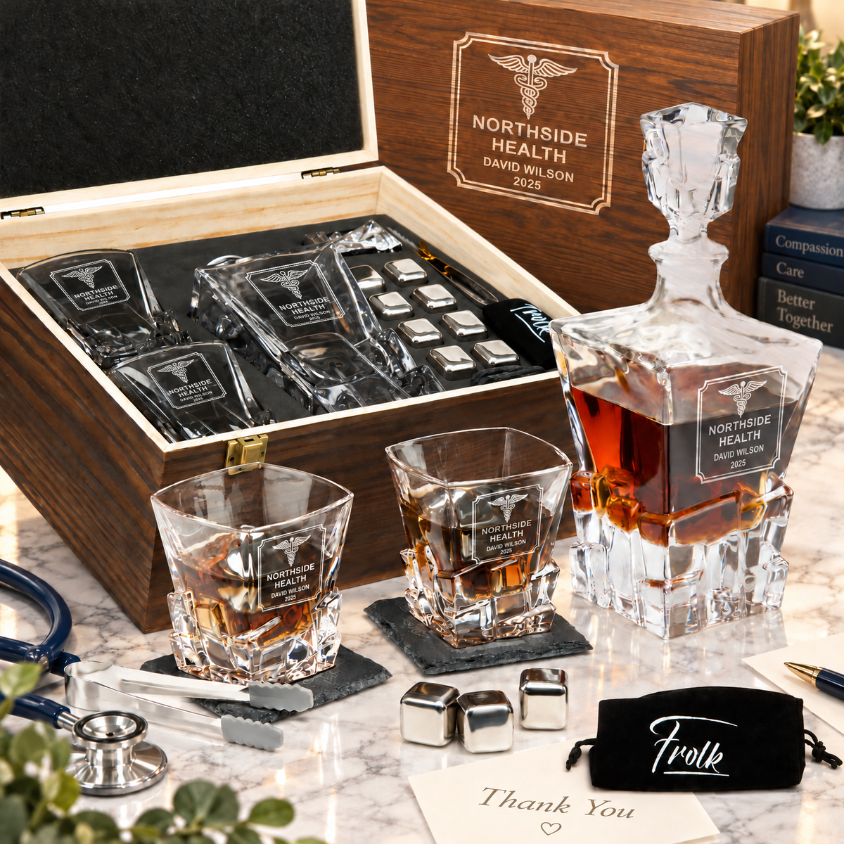 Healthcare Company Gifts – Rocks Decanter Set with 2 Glasses, 8 Whiskey Cubes & Wooden Box product image