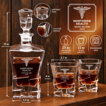 Healthcare Company Gifts – Rocks Decanter Set with 2 Glasses, 8 Whiskey Cubes & Wooden Box – image 02