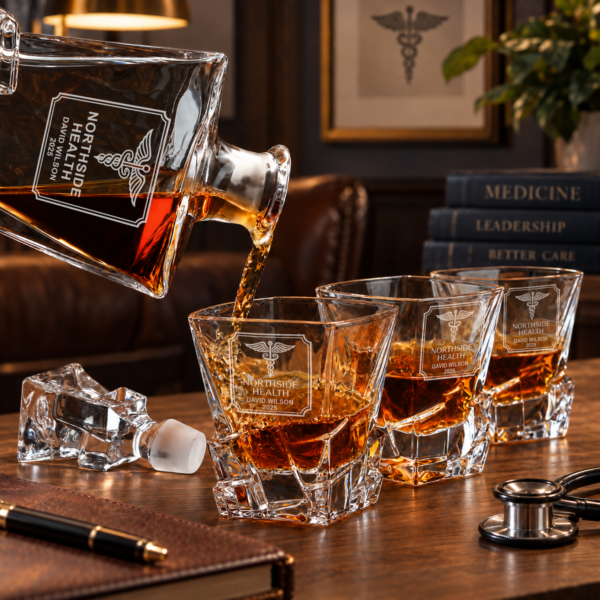 Healthcare Company Gifts – Rocks Decanter Set with 2 Glasses, 8 Whiskey Cubes & Wooden Box product image