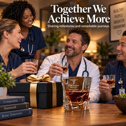Healthcare Company Gifts – Rocks Decanter Set with 2 Glasses, 8 Whiskey Cubes & Wooden Box – image 05