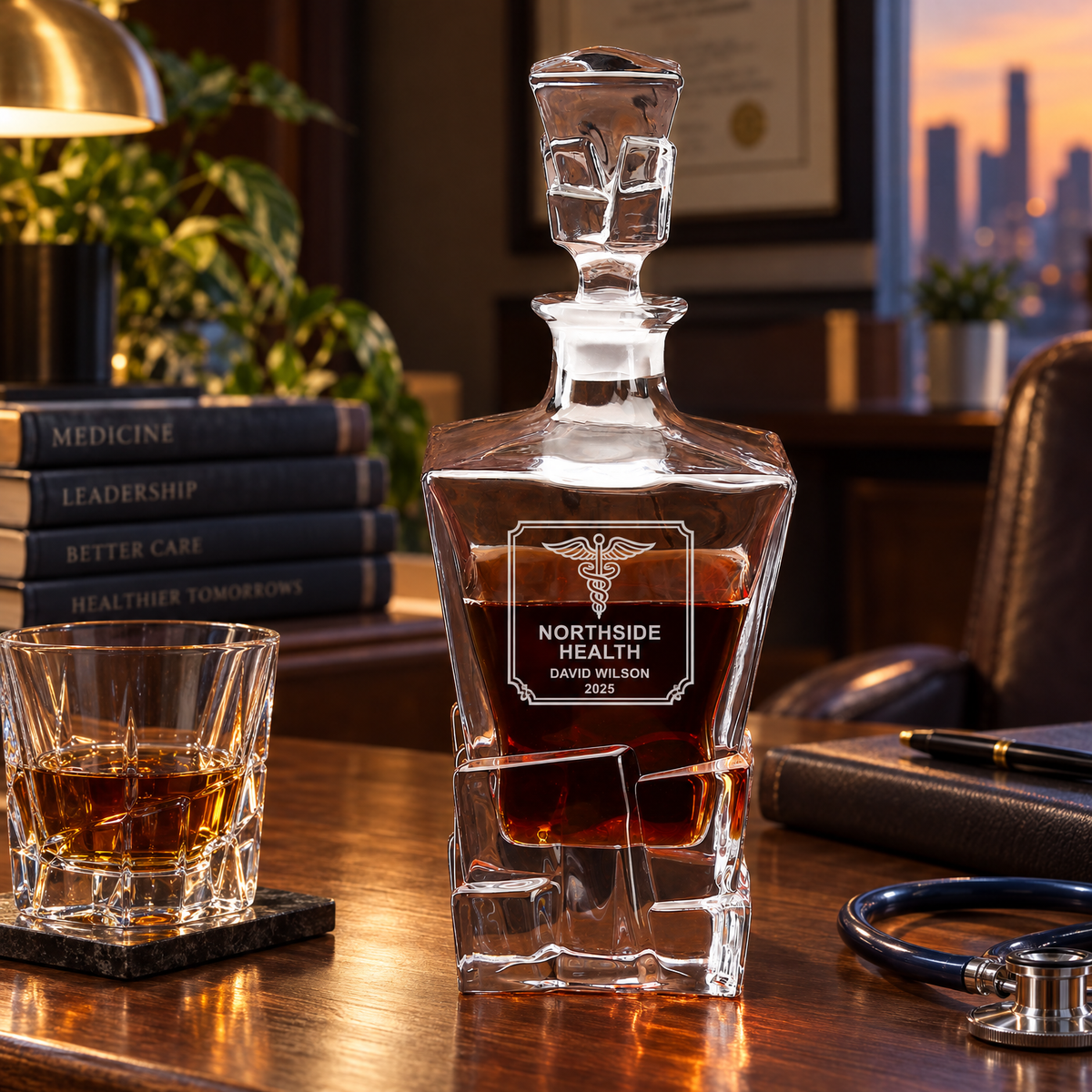Healthcare Company Gifts – Rocks Decanter Set with 2 Glasses, 8 Whiskey Cubes & Wooden Box – image 06