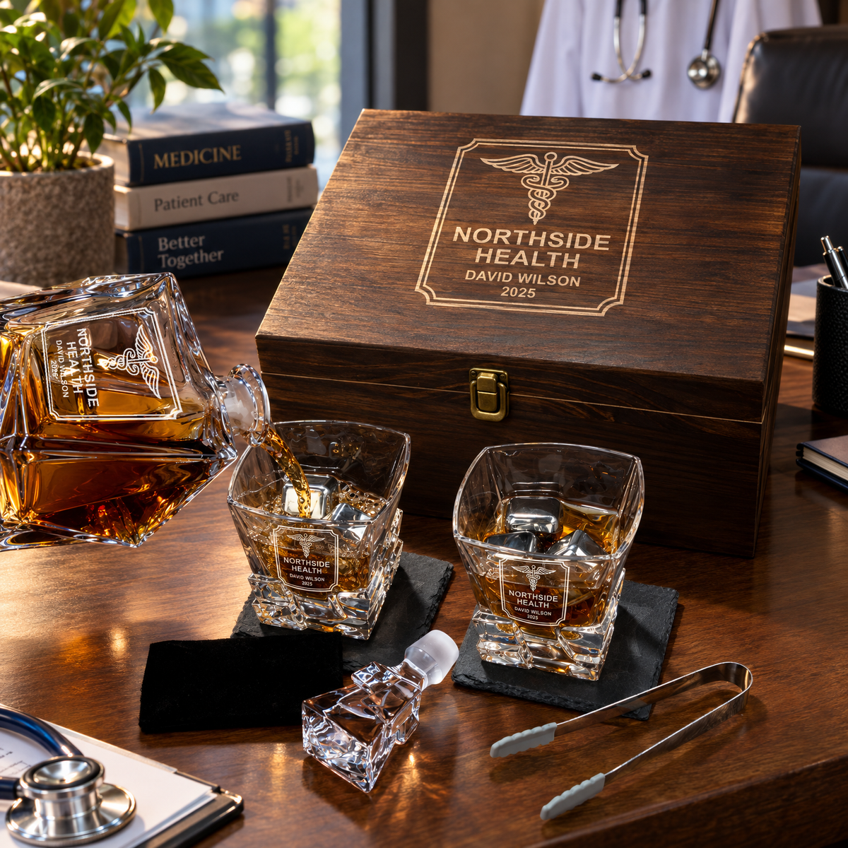 Healthcare Company Gifts – Rocks Decanter Set with 2 Glasses, 8 Whiskey Cubes & Wooden Box – image 08