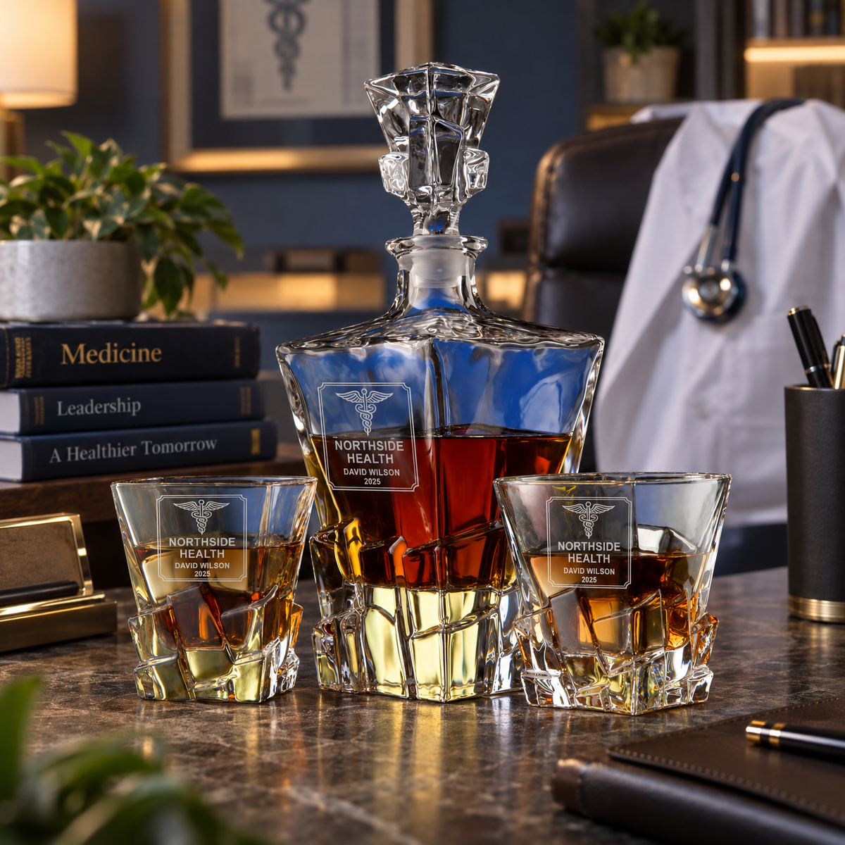 Healthcare Company Gifts – Rocks Decanter Set with 2 Glasses, 8 Whiskey Cubes & Wooden Box product image
