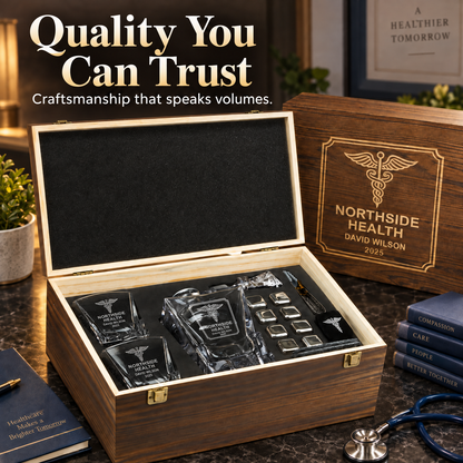 Healthcare Company Gifts – Rocks Decanter Set with 2 Glasses, 8 Whiskey Cubes & Wooden Box – image 12