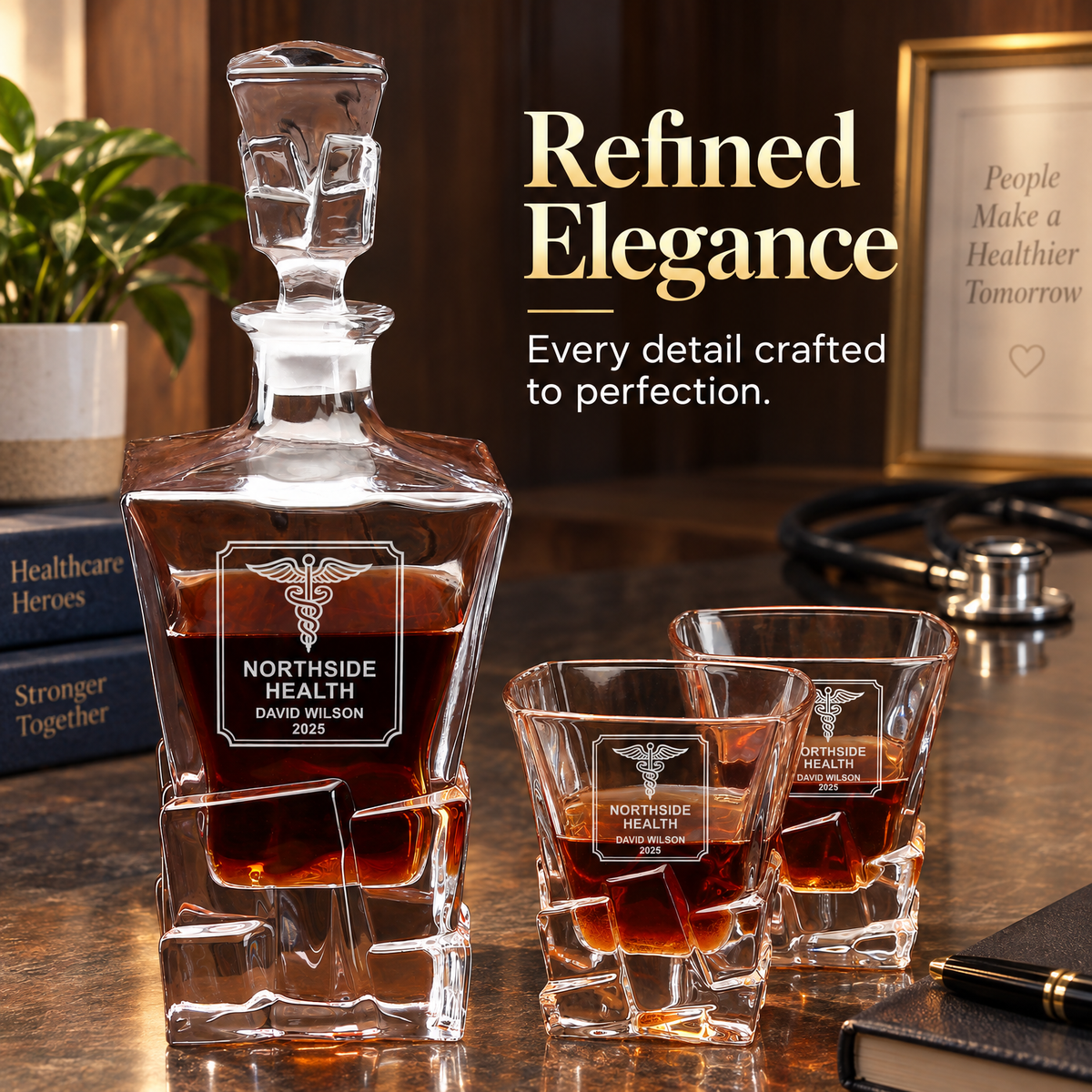Healthcare Company Gifts – Rocks Decanter Set with 2 Glasses, 8 Whiskey Cubes & Wooden Box – image 14