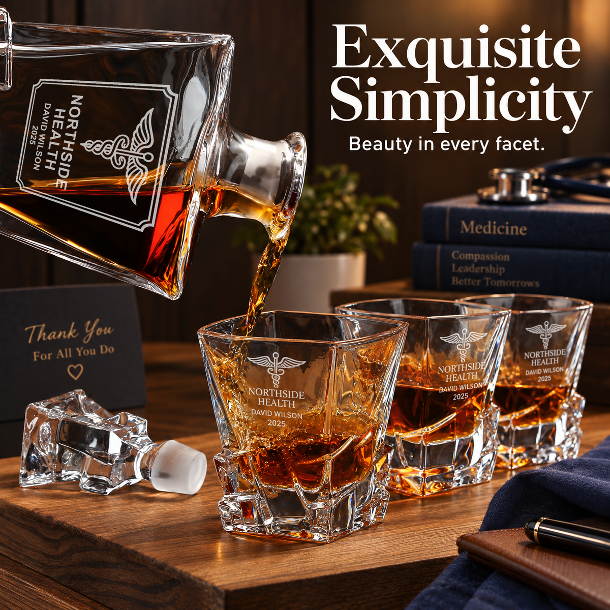 Healthcare Company Gifts – Rocks Decanter Set with 2 Glasses, 8 Whiskey Cubes & Wooden Box – image 16