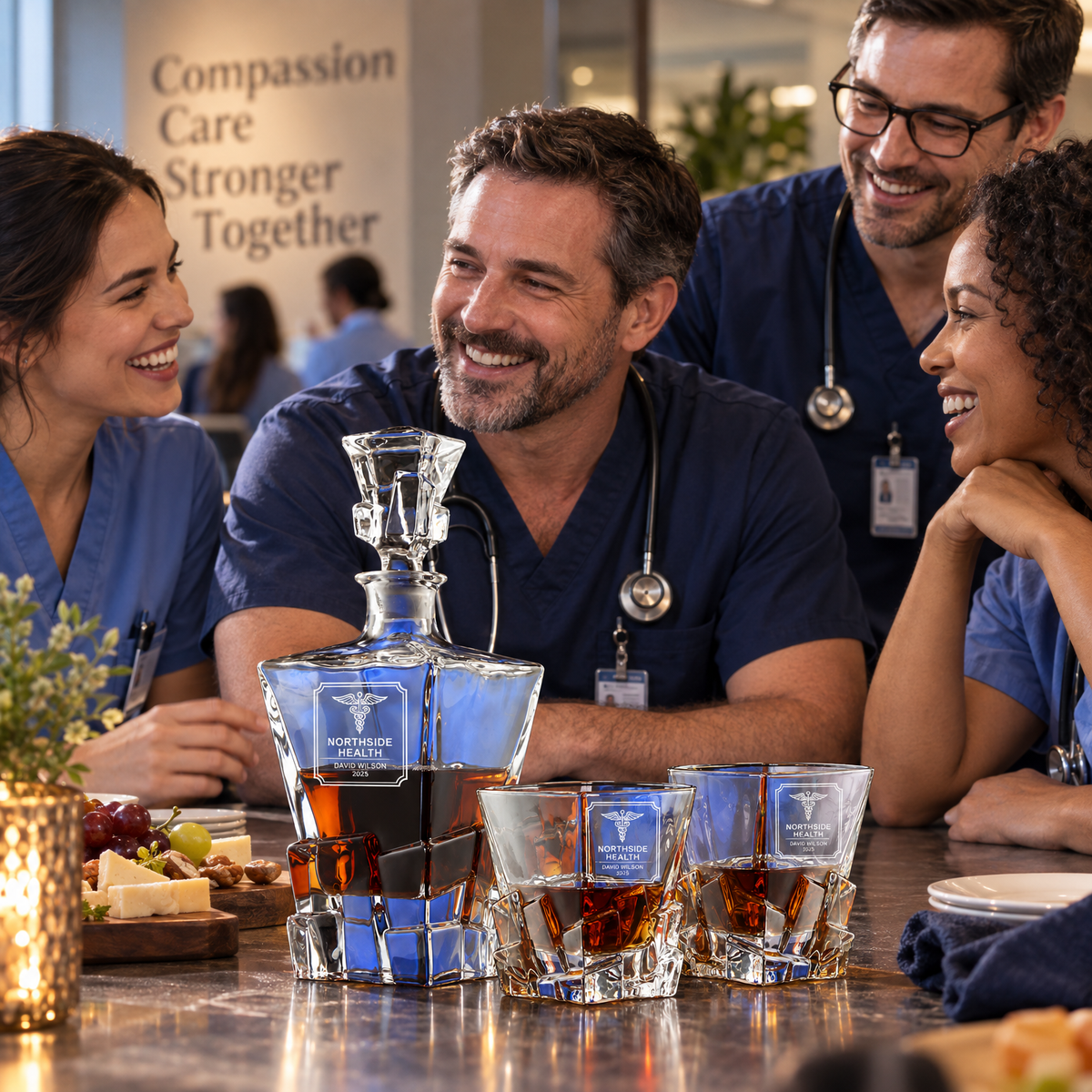 Healthcare Company Gifts – Rocks Decanter Set with 2 Glasses, 8 Whiskey Cubes & Wooden Box product image