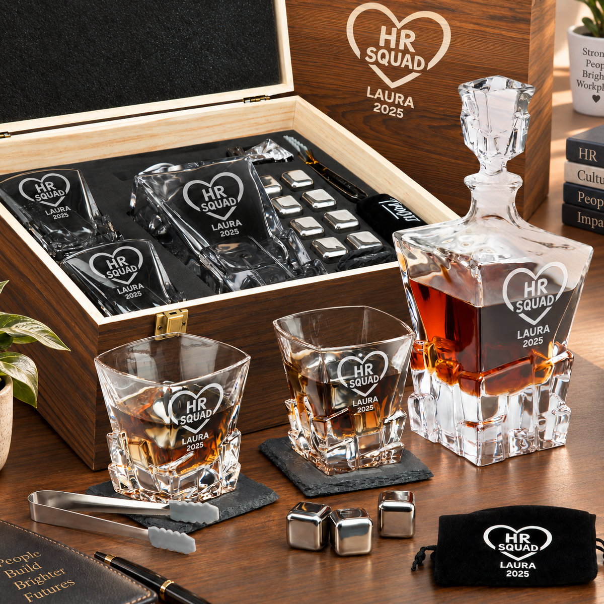 Human Resources Company Gifts – Rocks Decanter Set with 2 Glasses, 8 Whiskey Cubes & Wooden Box product image