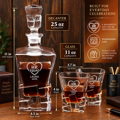 Human Resources Company Gifts – Rocks Decanter Set with 2 Glasses, 8 Whiskey Cubes & Wooden Box – image 02