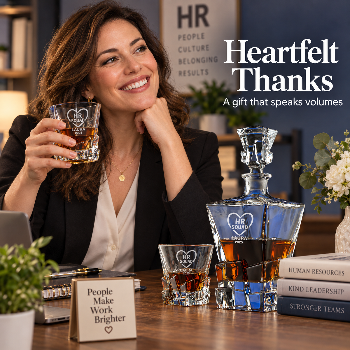 Human Resources Company Gifts – Rocks Decanter Set with 2 Glasses, 8 Whiskey Cubes & Wooden Box product image