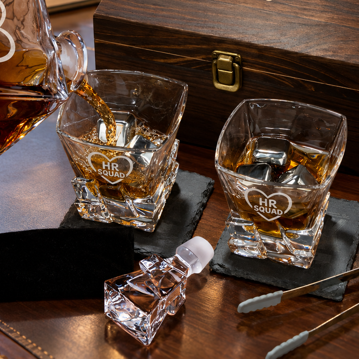 Human Resources Company Gifts – Rocks Decanter Set with 2 Glasses, 8 Whiskey Cubes & Wooden Box product image