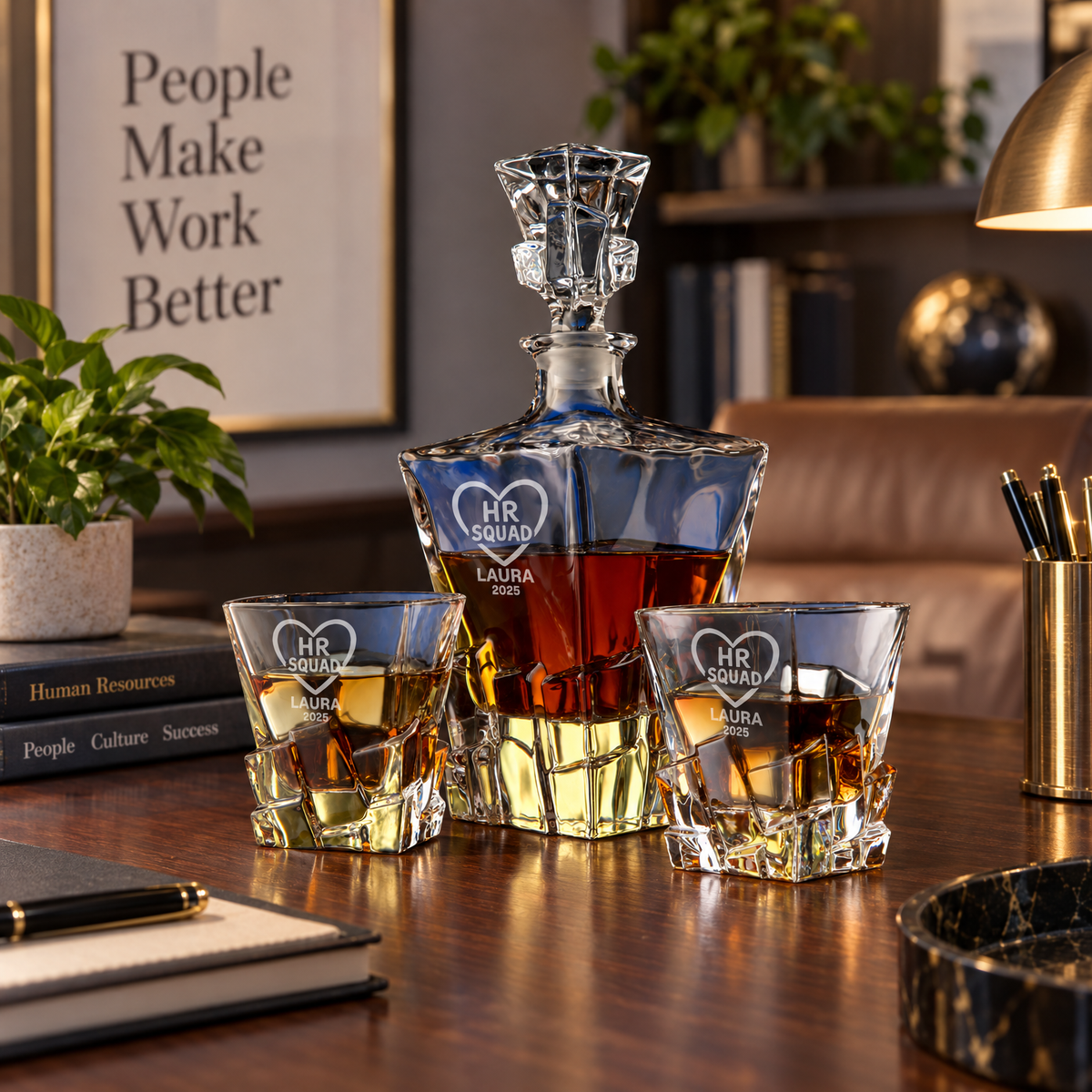 Human Resources Company Gifts – Rocks Decanter Set with 2 Glasses, 8 Whiskey Cubes & Wooden Box – image 10