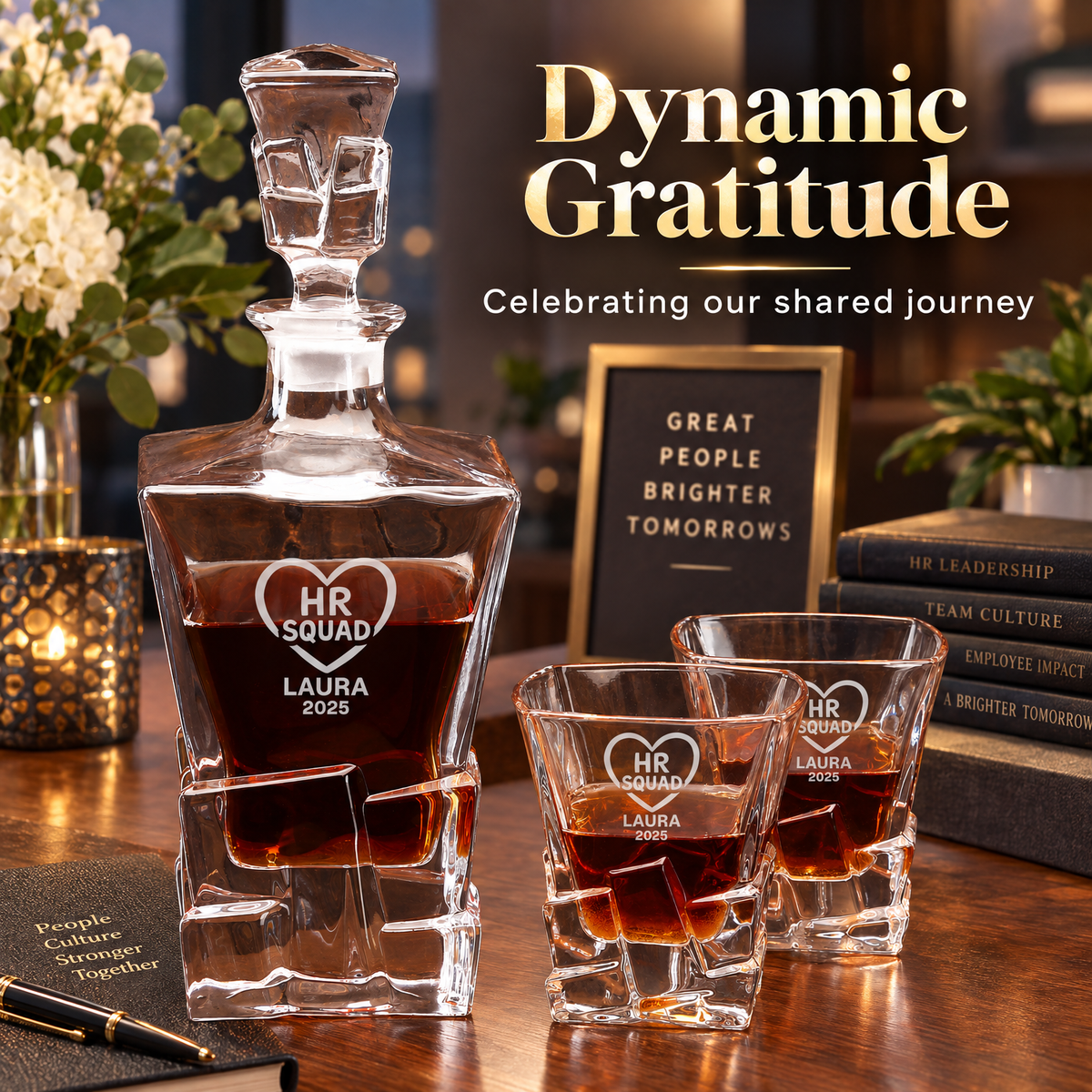 Human Resources Company Gifts – Rocks Decanter Set with 2 Glasses, 8 Whiskey Cubes & Wooden Box product image
