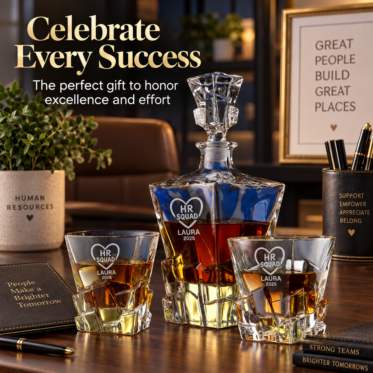 Human Resources Company Gifts – Rocks Decanter Set with 2 Glasses, 8 Whiskey Cubes & Wooden Box – image 20