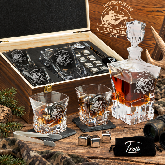 Gift for Hunters – Rocks Decanter Set with 2 Glasses, 8 Whiskey Cubes & Wooden Box – image 01