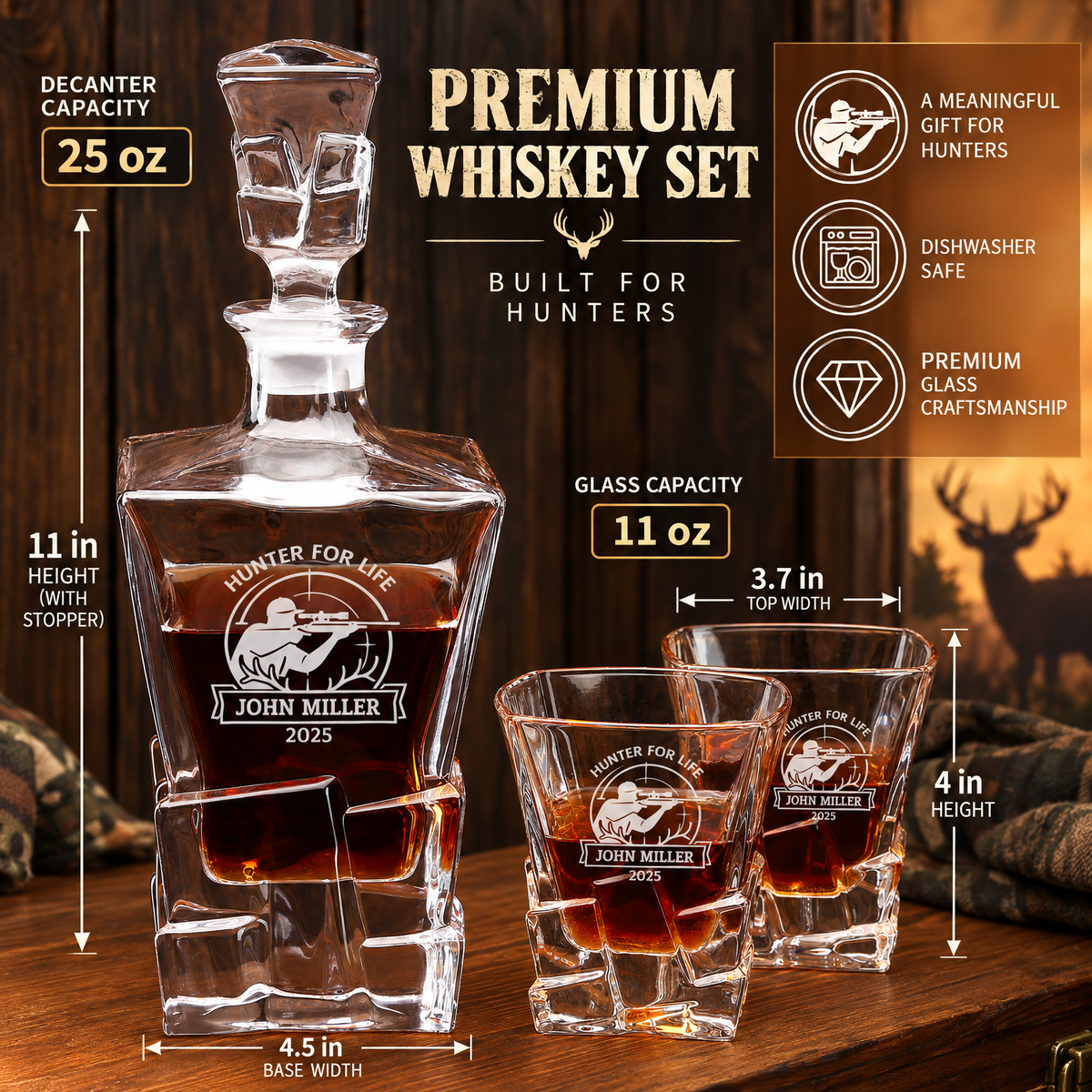 Gift for Hunters – Rocks Decanter Set with 2 Glasses, 8 Whiskey Cubes & Wooden Box – image 02